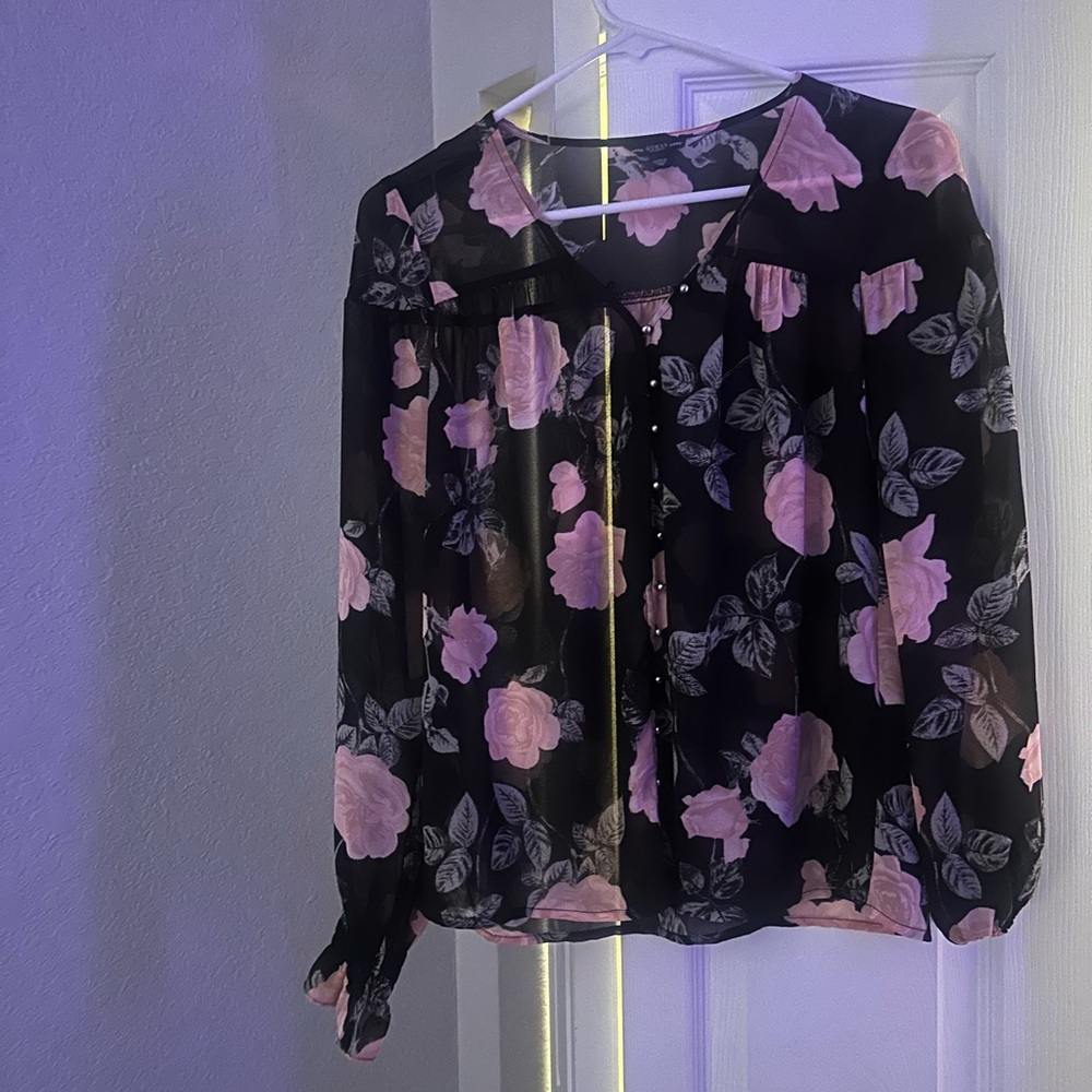 Guess Black and Pink Floral Blouse